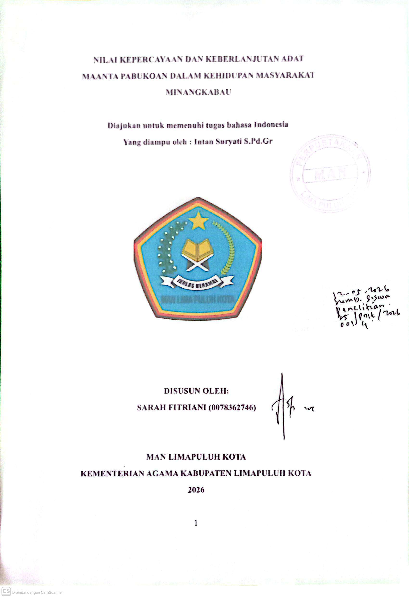 Nilai Kepercayaan Dan Keberlanjutan Adat Maanta Pabukoan Dalam Kehidupan Masyarakat Minang Kabau